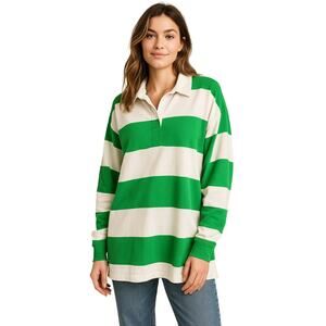 Aerie Oversized Rugby Green and White Stripe Pullover Women’s M